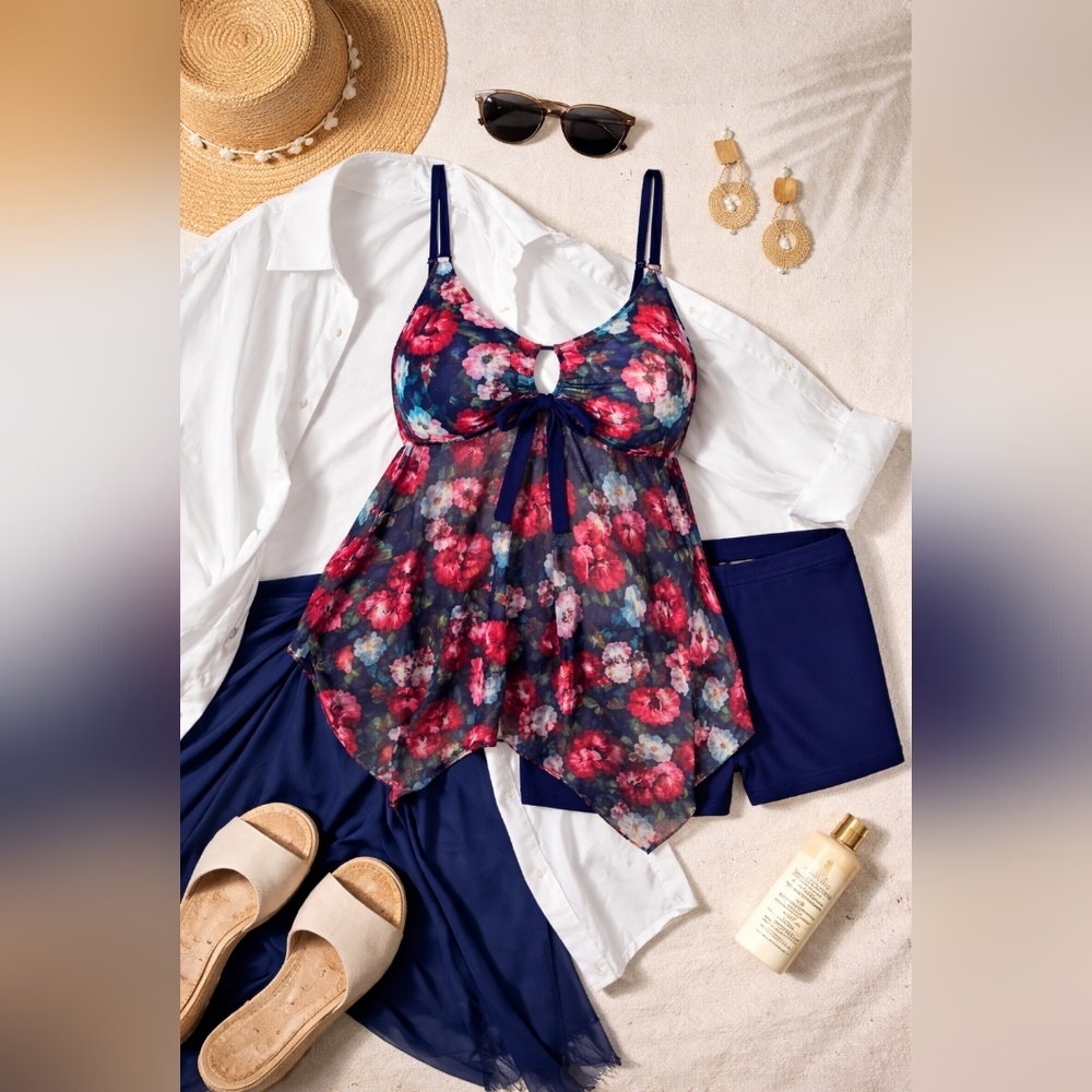 2PC Floral Sheer Swim Set | Size 2XL | Tie-Front Tankini + Boy Shorts